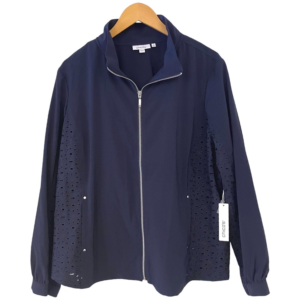 Chico's Zenergy Nema Eyelet Jacket Classic Navy‎ Blue Full Zip Size 4 XXL